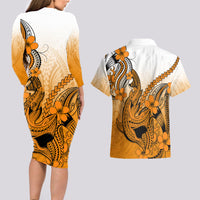 Hawaii Couples Matching Long Sleeve Bodycon Dress and Hawaiian Shirt Polynesian Shark Tattoo With Plumeria Orange Gradient - Wonder Print Shop