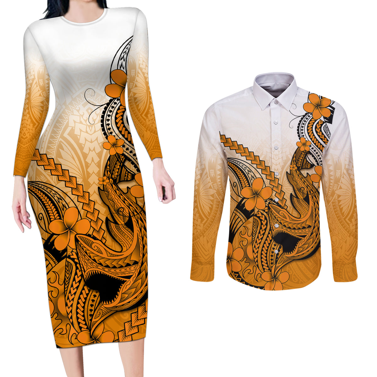 Hawaii Couples Matching Long Sleeve Bodycon Dress and Long Sleeve Button Shirts Polynesian Shark Tattoo With Plumeria Orange Gradient - Wonder Print Shop