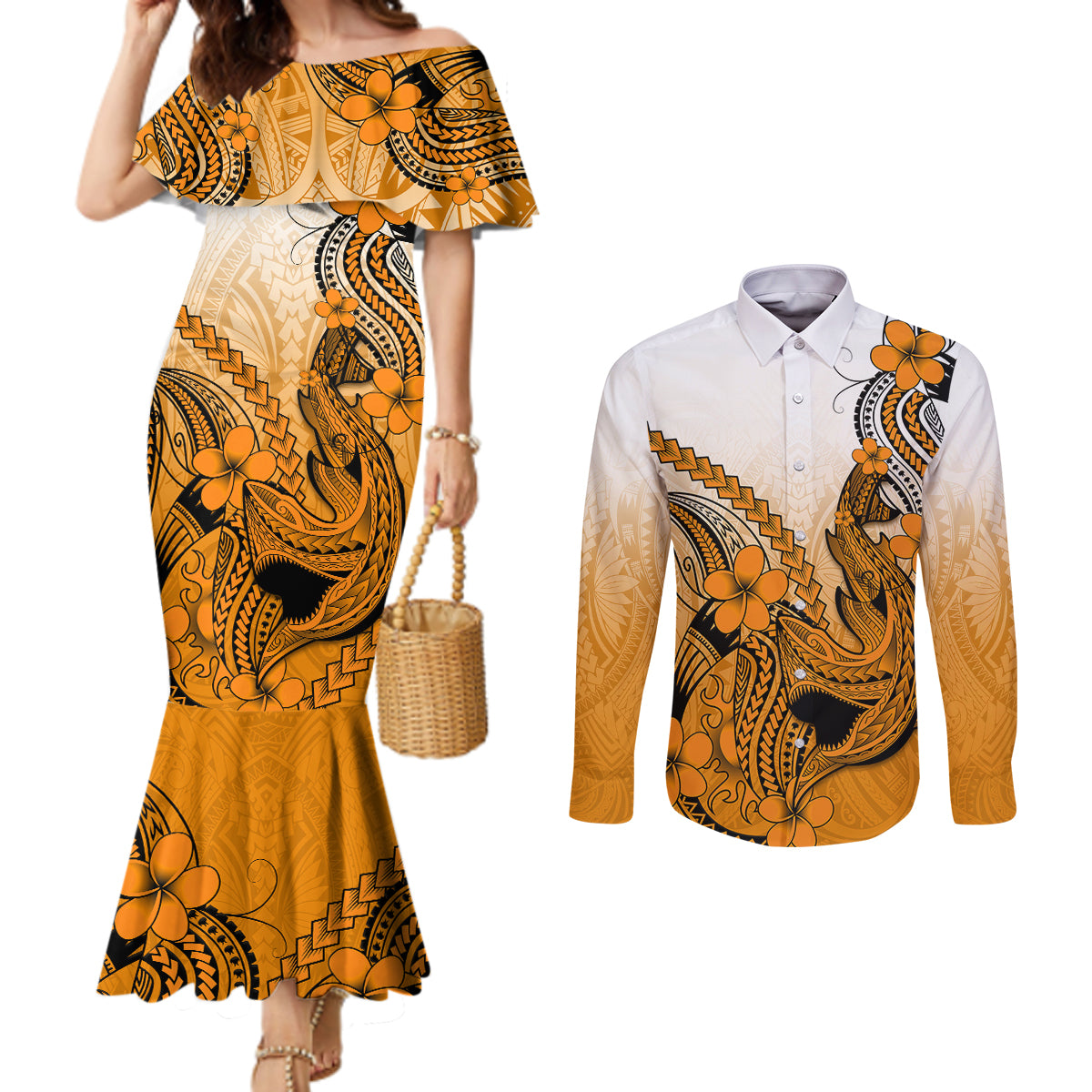 hawaii-couples-matching-mermaid-dress-and-long-sleeve-button-shirts-polynesian-shark-tattoo-with-plumeria-orange-gradient