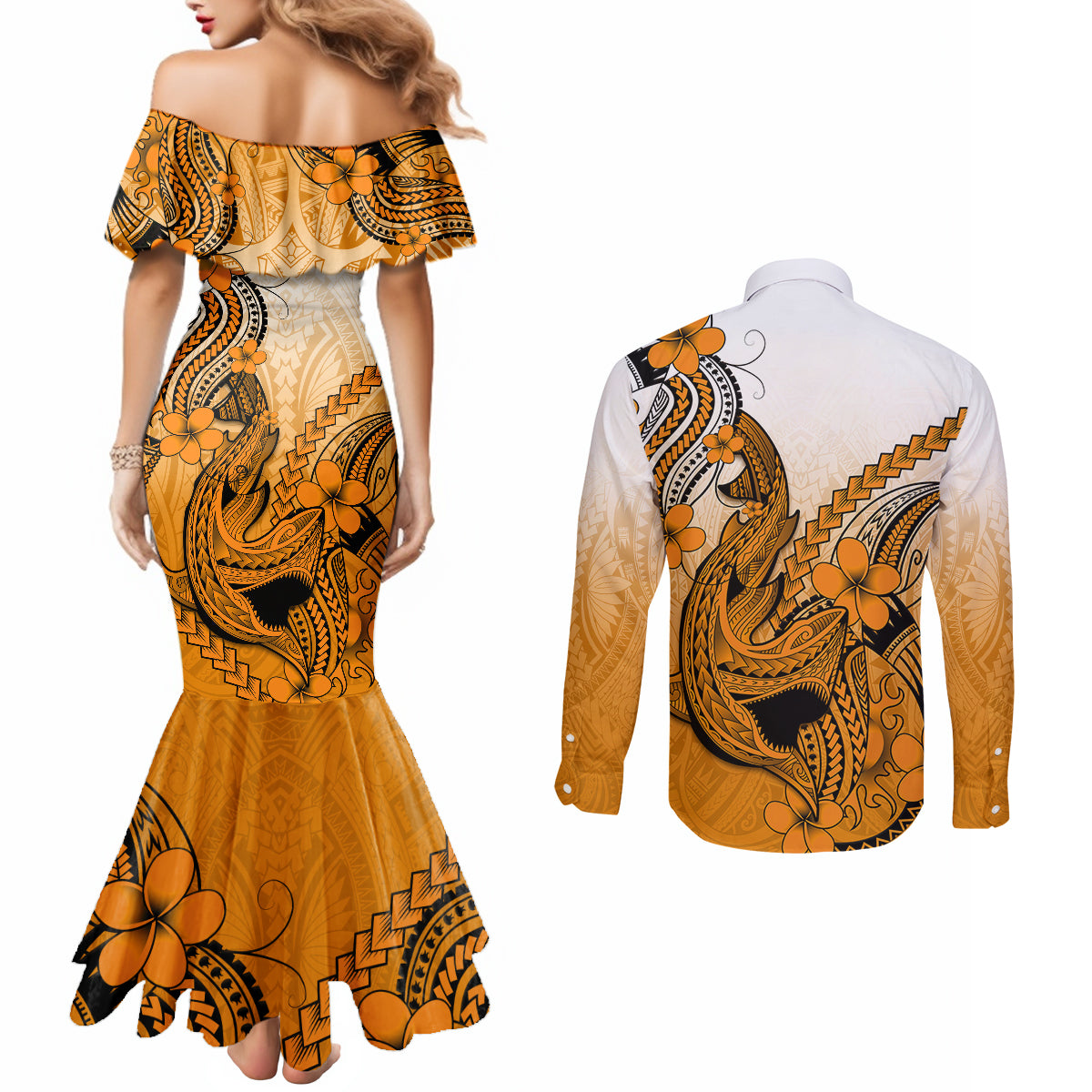 hawaii-couples-matching-mermaid-dress-and-long-sleeve-button-shirts-polynesian-shark-tattoo-with-plumeria-orange-gradient