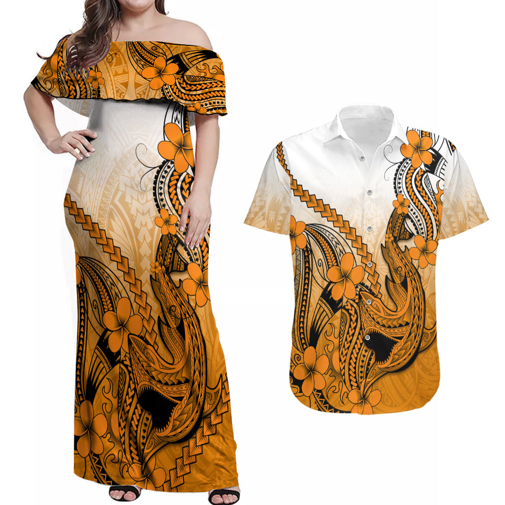 Hawaii Couples Matching Off Shoulder Maxi Dress and Hawaiian Shirt Polynesian Shark Tattoo With Plumeria Orange Gradient - Wonder Print Shop