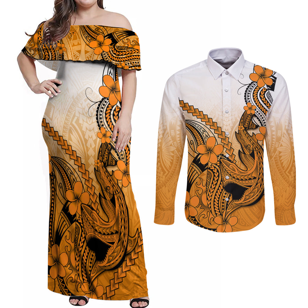 Hawaii Couples Matching Off Shoulder Maxi Dress and Long Sleeve Button Shirts Polynesian Shark Tattoo With Plumeria Orange Gradient - Wonder Print Shop