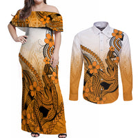 Hawaii Couples Matching Off Shoulder Maxi Dress and Long Sleeve Button Shirts Polynesian Shark Tattoo With Plumeria Orange Gradient - Wonder Print Shop
