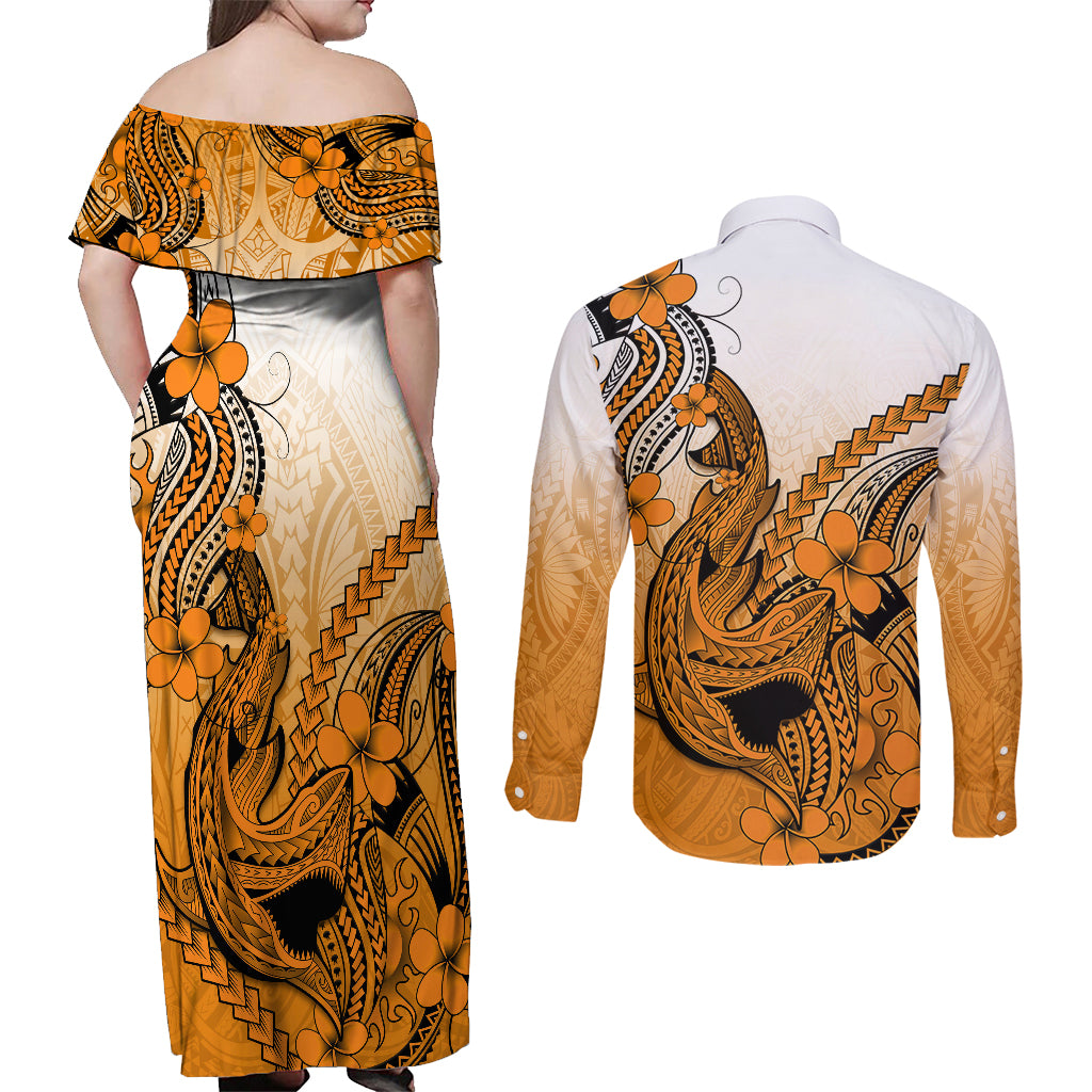 Hawaii Couples Matching Off Shoulder Maxi Dress and Long Sleeve Button Shirts Polynesian Shark Tattoo With Plumeria Orange Gradient - Wonder Print Shop