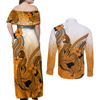 Hawaii Couples Matching Off Shoulder Maxi Dress and Long Sleeve Button Shirts Polynesian Shark Tattoo With Plumeria Orange Gradient - Wonder Print Shop