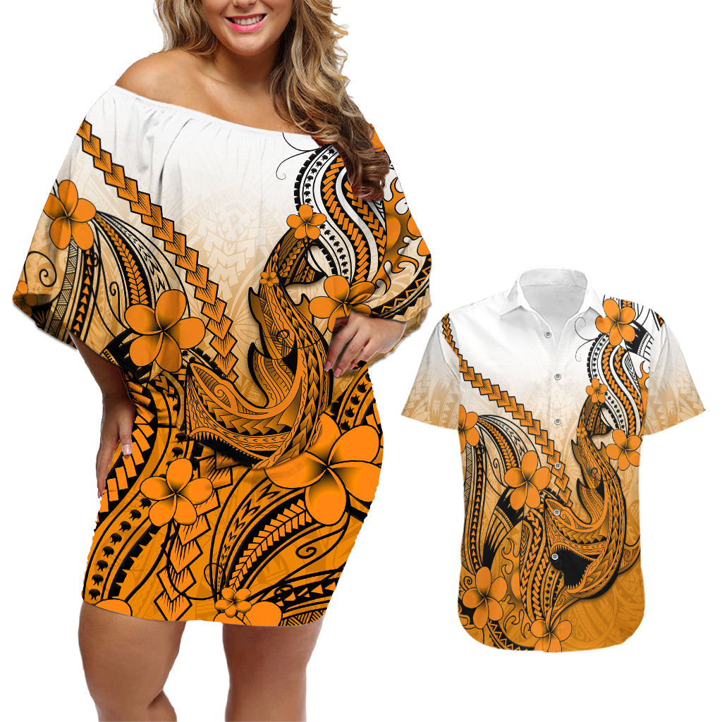 Hawaii Couples Matching Off Shoulder Short Dress and Hawaiian Shirt Polynesian Shark Tattoo With Plumeria Orange Gradient - Wonder Print Shop