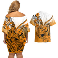 Hawaii Couples Matching Off Shoulder Short Dress and Hawaiian Shirt Polynesian Shark Tattoo With Plumeria Orange Gradient - Wonder Print Shop
