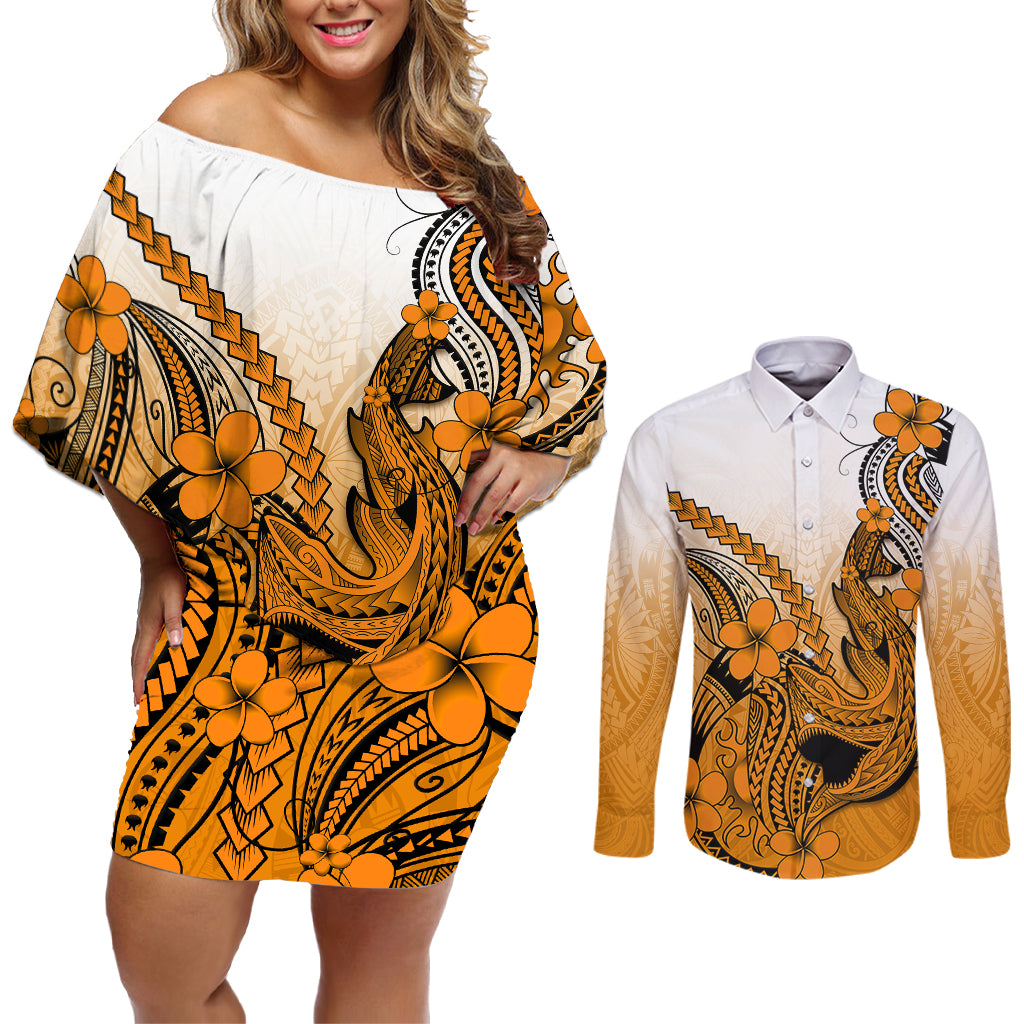 Hawaii Couples Matching Off Shoulder Short Dress and Long Sleeve Button Shirts Polynesian Shark Tattoo With Plumeria Orange Gradient - Wonder Print Shop