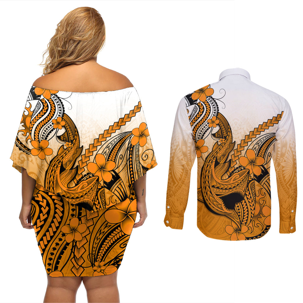 Hawaii Couples Matching Off Shoulder Short Dress and Long Sleeve Button Shirts Polynesian Shark Tattoo With Plumeria Orange Gradient - Wonder Print Shop