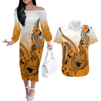 Hawaii Couples Matching Off The Shoulder Long Sleeve Dress and Hawaiian Shirt Polynesian Shark Tattoo With Plumeria Orange Gradient - Wonder Print Shop