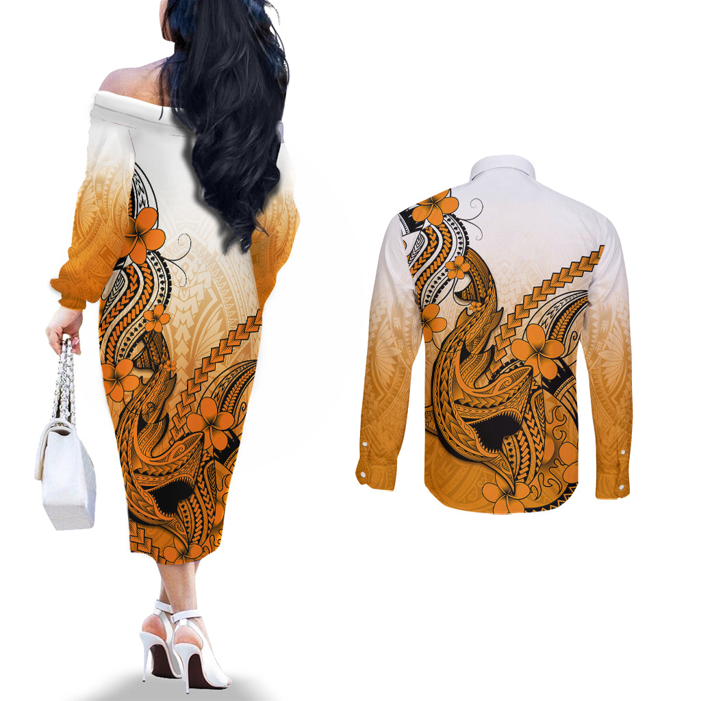 hawaii-couples-matching-off-the-shoulder-long-sleeve-dress-and-long-sleeve-button-shirts-polynesian-shark-tattoo-with-plumeria-orange-gradient