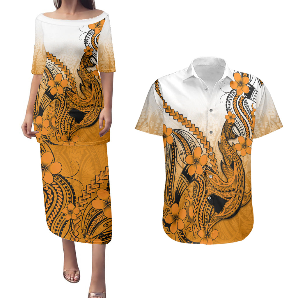 Hawaii Couples Matching Puletasi Dress and Hawaiian Shirt Polynesian Shark Tattoo With Plumeria Orange Gradient - Wonder Print Shop