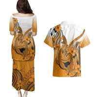 Hawaii Couples Matching Puletasi Dress and Hawaiian Shirt Polynesian Shark Tattoo With Plumeria Orange Gradient - Wonder Print Shop