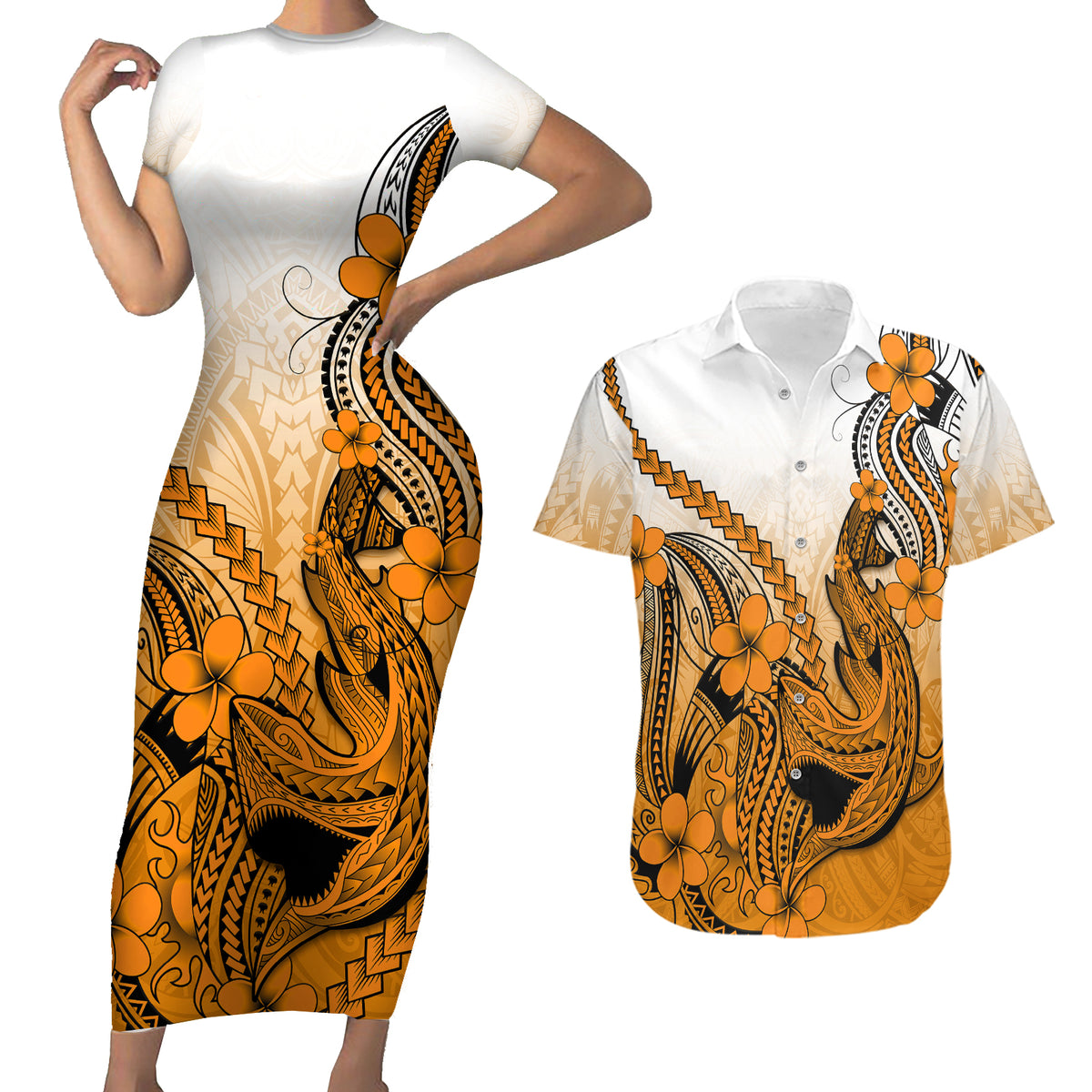 Hawaii Couples Matching Short Sleeve Bodycon Dress and Hawaiian Shirt Polynesian Shark Tattoo With Plumeria Orange Gradient - Wonder Print Shop
