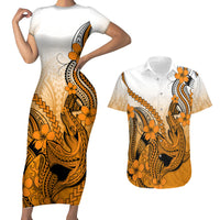 Hawaii Couples Matching Short Sleeve Bodycon Dress and Hawaiian Shirt Polynesian Shark Tattoo With Plumeria Orange Gradient - Wonder Print Shop