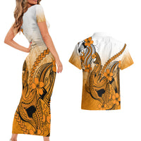 Hawaii Couples Matching Short Sleeve Bodycon Dress and Hawaiian Shirt Polynesian Shark Tattoo With Plumeria Orange Gradient - Wonder Print Shop