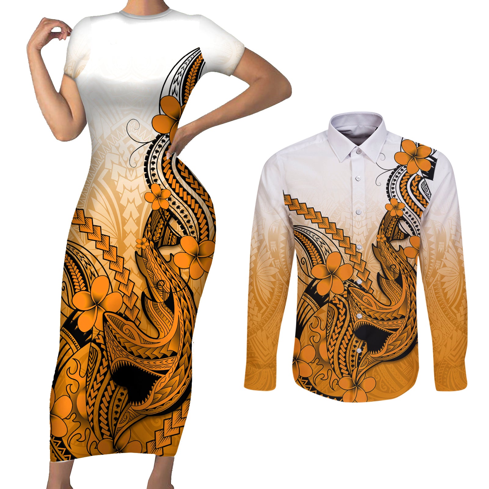 Hawaii Couples Matching Short Sleeve Bodycon Dress and Long Sleeve Button Shirts Polynesian Shark Tattoo With Plumeria Orange Gradient - Wonder Print Shop