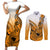 Hawaii Couples Matching Short Sleeve Bodycon Dress and Long Sleeve Button Shirts Polynesian Shark Tattoo With Plumeria Orange Gradient - Wonder Print Shop
