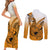 Hawaii Couples Matching Short Sleeve Bodycon Dress and Long Sleeve Button Shirts Polynesian Shark Tattoo With Plumeria Orange Gradient - Wonder Print Shop