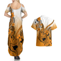 Hawaii Couples Matching Summer Maxi Dress and Hawaiian Shirt Polynesian Shark Tattoo With Plumeria Orange Gradient - Wonder Print Shop
