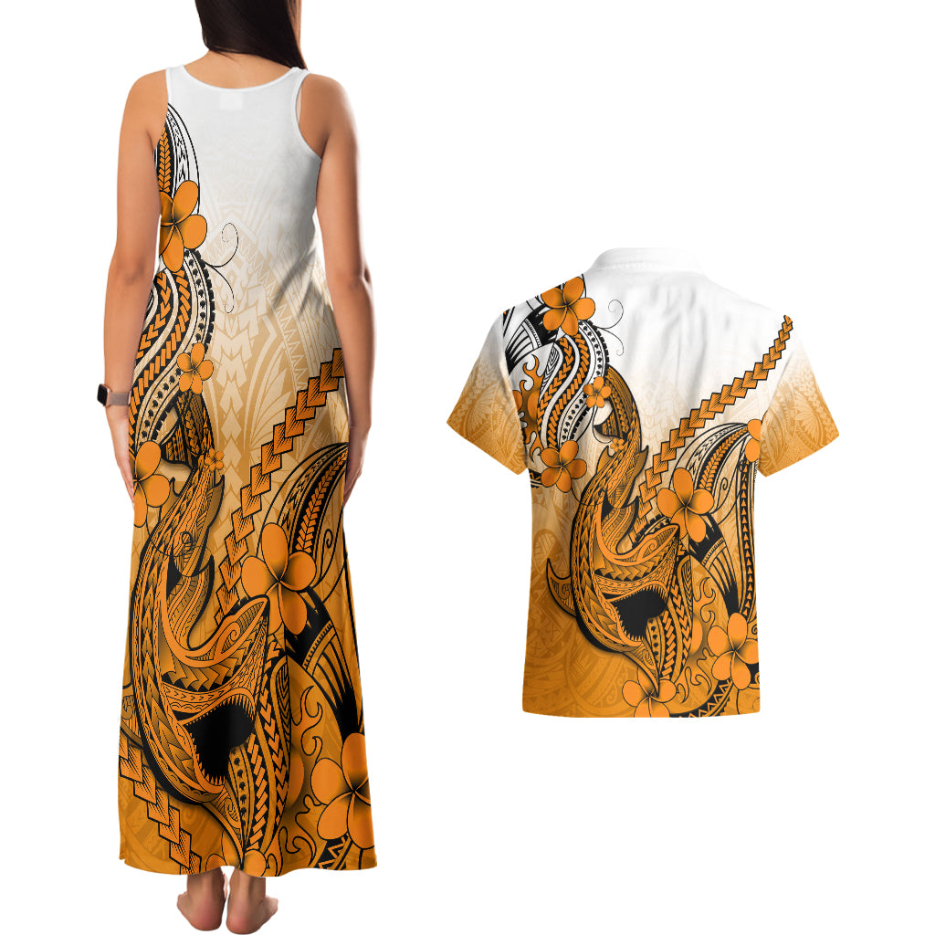 Hawaii Couples Matching Tank Maxi Dress And Hawaiian Shirt Polynesian Shark Tattoo With Plumeria Orange Gradient - Wonder Print Shop