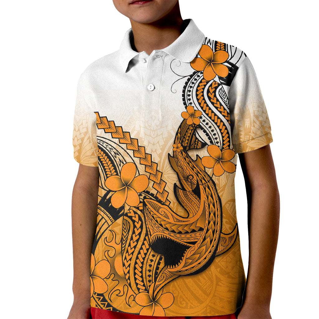 Hawaii Kid Polo Shirt Polynesian Shark Tattoo With Plumeria Orange Gradient - Wonder Print Shop