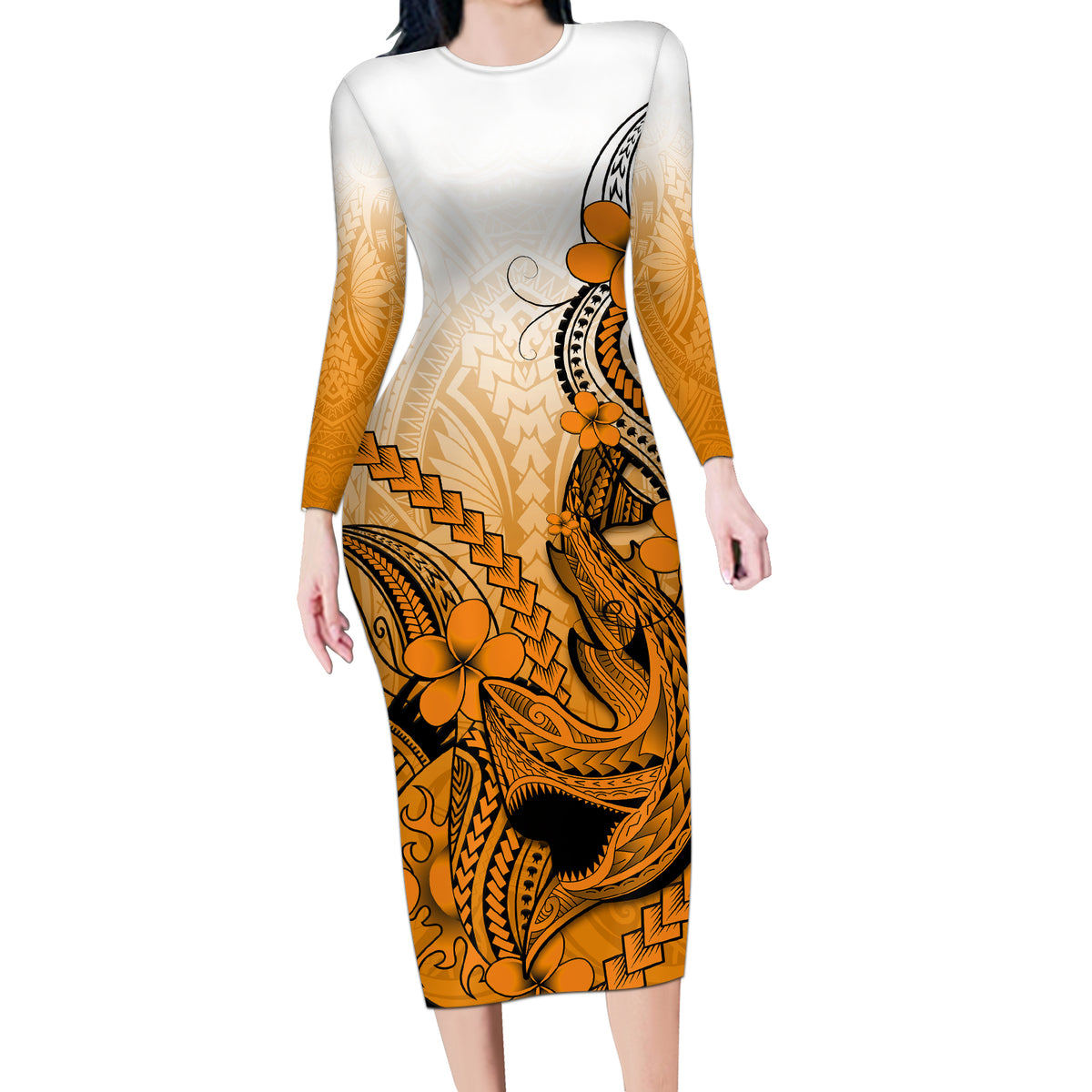 Hawaii Long Sleeve Bodycon Dress Polynesian Shark Tattoo With Plumeria Orange Gradient - Wonder Print Shop