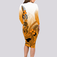 Hawaii Long Sleeve Bodycon Dress Polynesian Shark Tattoo With Plumeria Orange Gradient - Wonder Print Shop