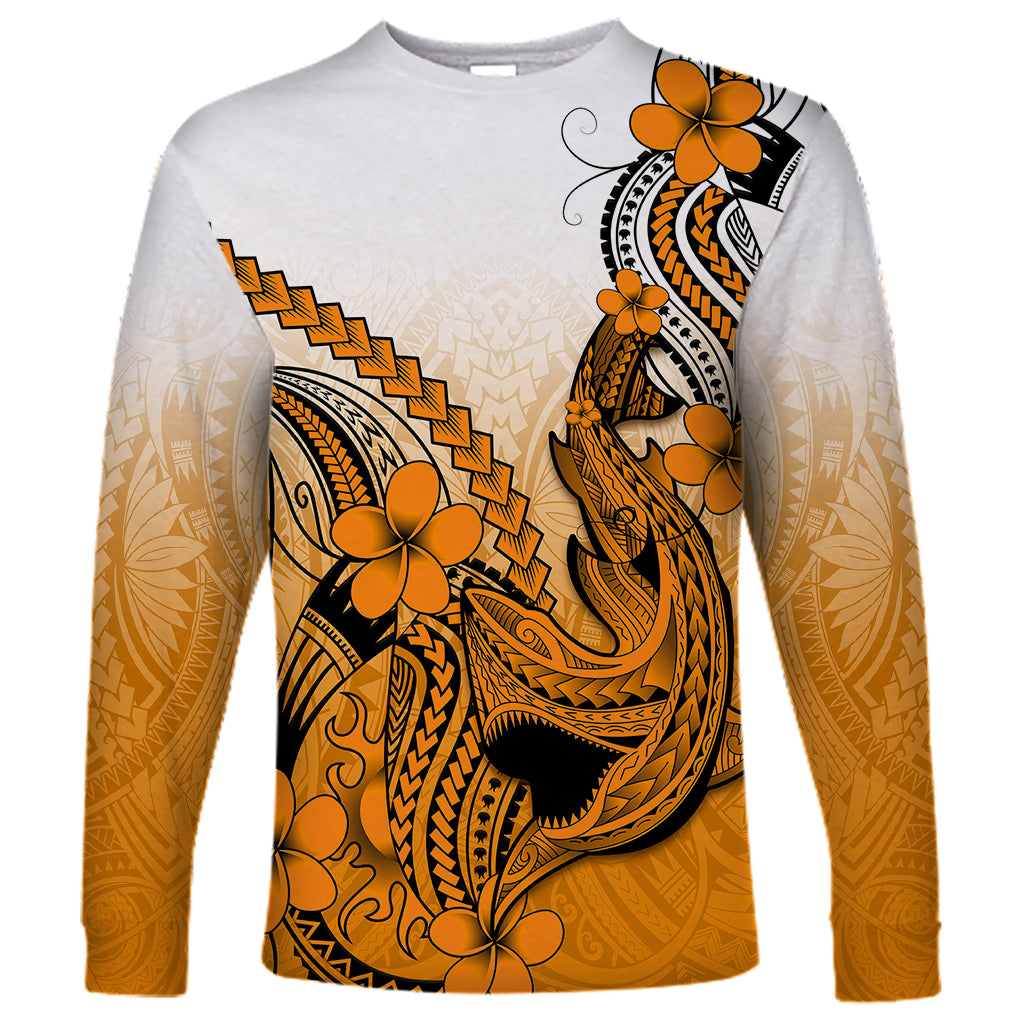 Hawaii Long Sleeve Shirt Polynesian Shark Tattoo With Plumeria Orange Gradient - Wonder Print Shop