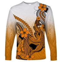 Hawaii Long Sleeve Shirt Polynesian Shark Tattoo With Plumeria Orange Gradient - Wonder Print Shop