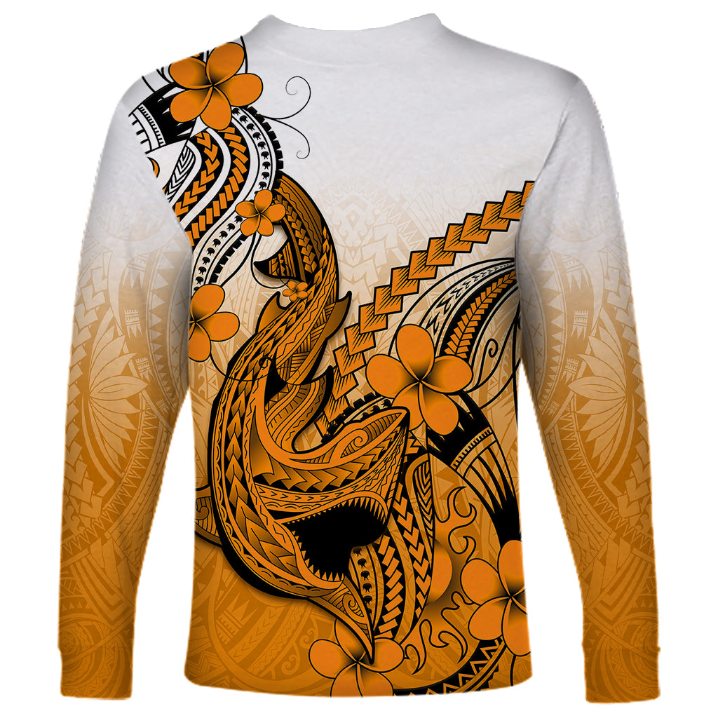 Hawaii Long Sleeve Shirt Polynesian Shark Tattoo With Plumeria Orange Gradient - Wonder Print Shop