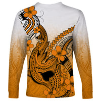 Hawaii Long Sleeve Shirt Polynesian Shark Tattoo With Plumeria Orange Gradient - Wonder Print Shop