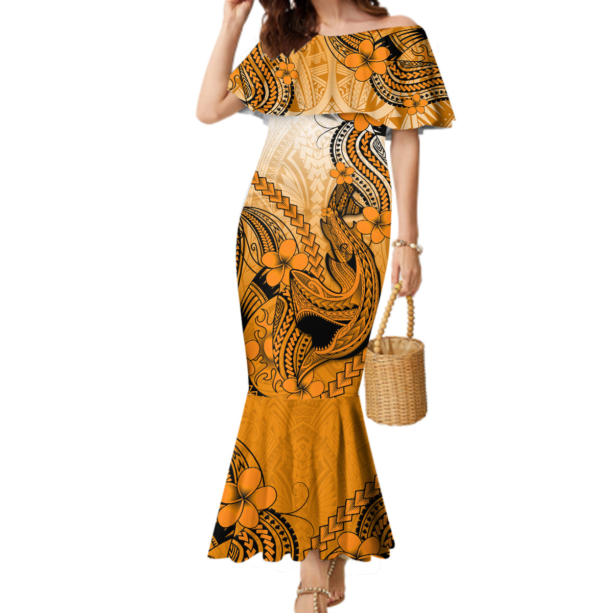 Hawaii Mermaid Dress Polynesian Shark Tattoo With Plumeria Orange Gradient - Wonder Print Shop