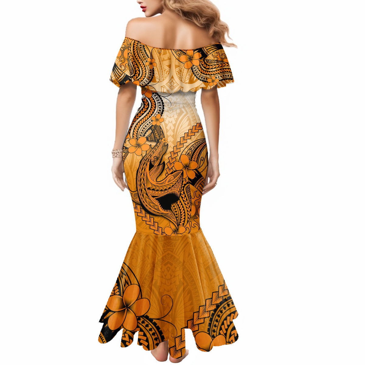 Hawaii Mermaid Dress Polynesian Shark Tattoo With Plumeria Orange Gradient - Wonder Print Shop