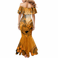 Hawaii Mermaid Dress Polynesian Shark Tattoo With Plumeria Orange Gradient - Wonder Print Shop