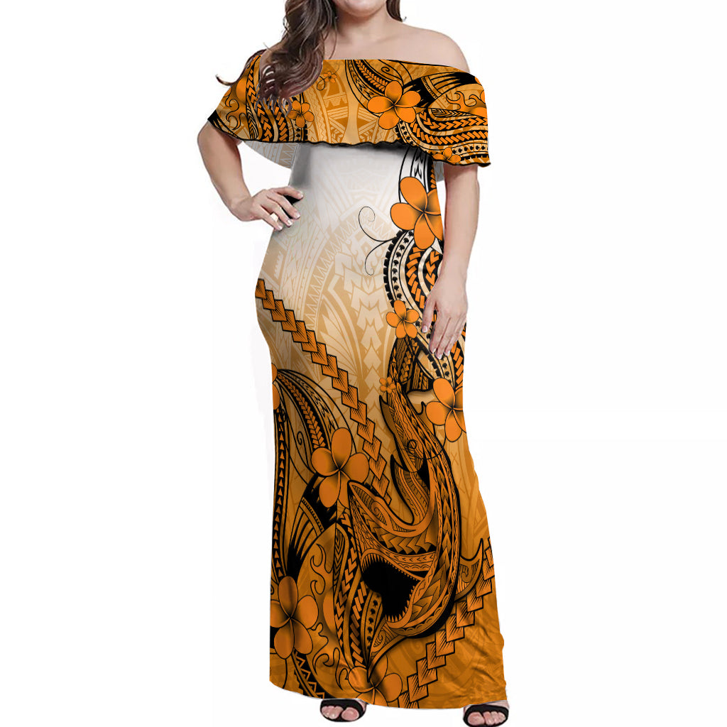 Hawaii Off Shoulder Maxi Dress Polynesian Shark Tattoo With Plumeria Orange Gradient - Wonder Print Shop