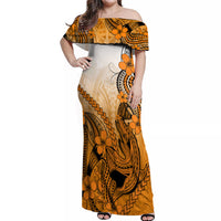 Hawaii Off Shoulder Maxi Dress Polynesian Shark Tattoo With Plumeria Orange Gradient - Wonder Print Shop