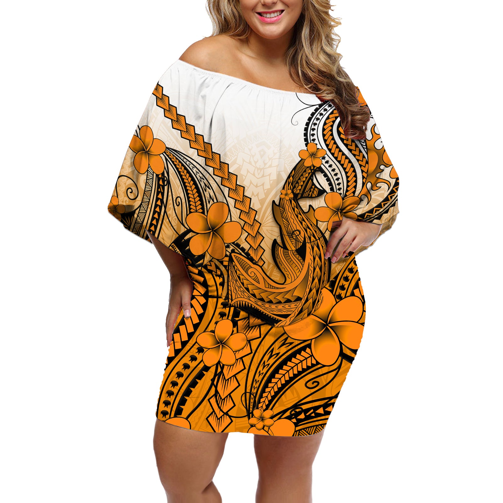 Hawaii Off Shoulder Short Dress Polynesian Shark Tattoo With Plumeria Orange Gradient - Wonder Print Shop