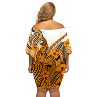 Hawaii Off Shoulder Short Dress Polynesian Shark Tattoo With Plumeria Orange Gradient - Wonder Print Shop