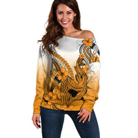 Hawaii Off Shoulder Sweater Polynesian Shark Tattoo With Plumeria Orange Gradient - Wonder Print Shop