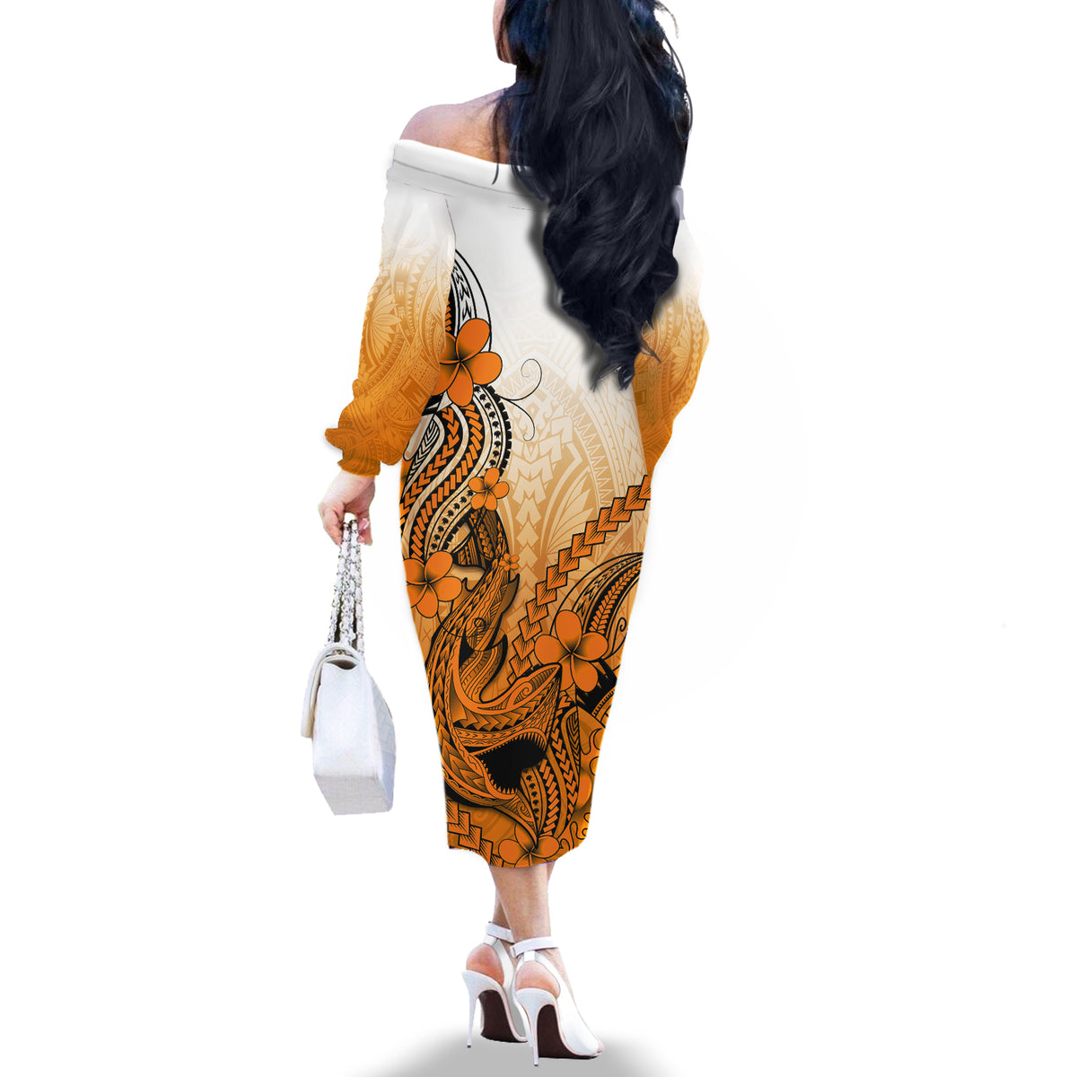 Hawaii Off The Shoulder Long Sleeve Dress Polynesian Shark Tattoo With Plumeria Orange Gradient - Wonder Print Shop