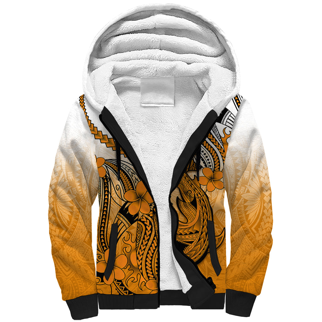 Hawaii Sherpa Hoodie Polynesian Shark Tattoo With Plumeria Orange Gradient - Wonder Print Shop