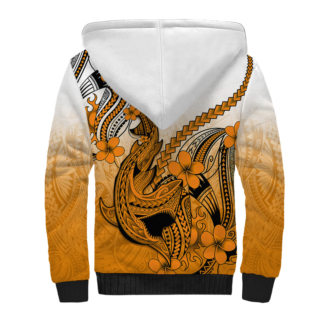 Hawaii Sherpa Hoodie Polynesian Shark Tattoo With Plumeria Orange Gradient - Wonder Print Shop