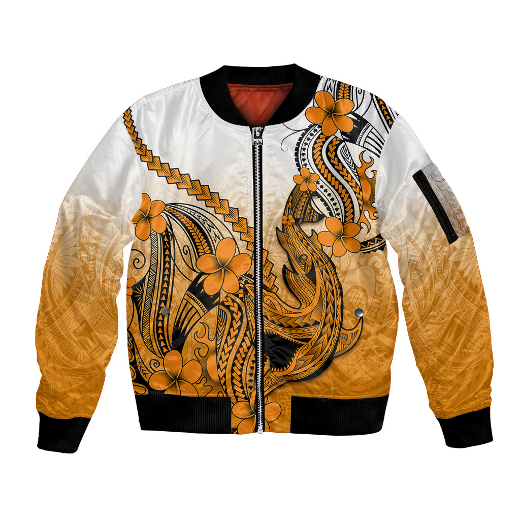 Hawaii Sleeve Zip Bomber Jacket Polynesian Shark Tattoo With Plumeria Orange Gradient - Wonder Print Shop