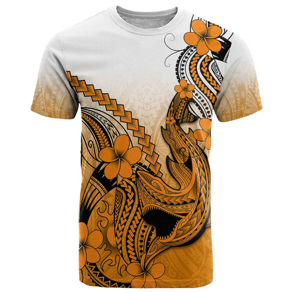 Hawaii T Shirt Polynesian Shark Tattoo With Plumeria Orange Gradient - Wonder Print Shop