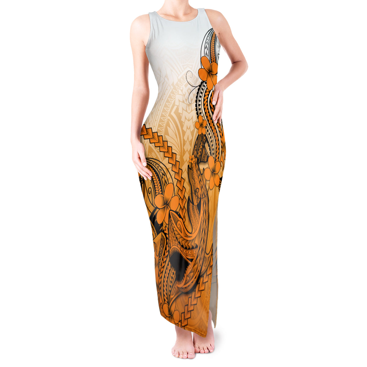 Hawaii Tank Maxi Dress Polynesian Shark Tattoo With Plumeria Orange Gradient - Wonder Print Shop