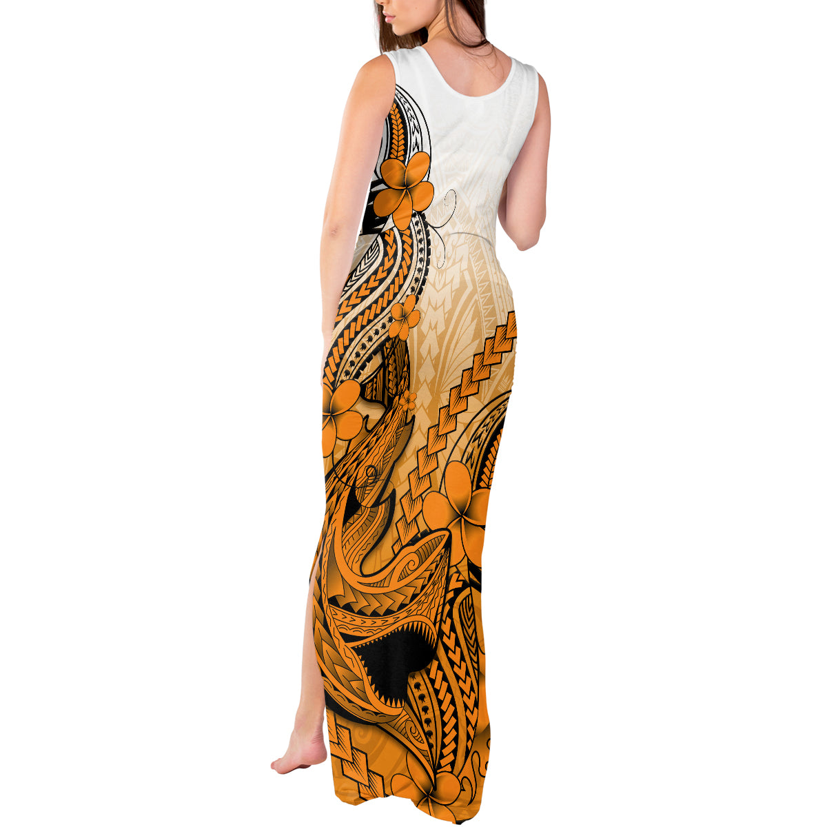 Hawaii Tank Maxi Dress Polynesian Shark Tattoo With Plumeria Orange Gradient - Wonder Print Shop