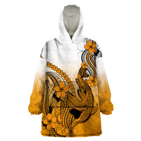 Hawaii Wearable Blanket Hoodie Polynesian Shark Tattoo With Plumeria Orange Gradient - Wonder Print Shop