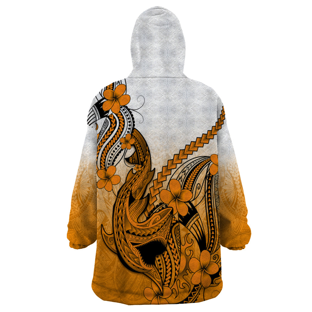 Hawaii Wearable Blanket Hoodie Polynesian Shark Tattoo With Plumeria Orange Gradient - Wonder Print Shop