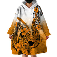 Hawaii Wearable Blanket Hoodie Polynesian Shark Tattoo With Plumeria Orange Gradient - Wonder Print Shop